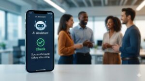 AIアシスタントが給与配分のチェック完了を知らせるスマートフォン画面と、背景で談笑する介護スタッフのイメージ。
