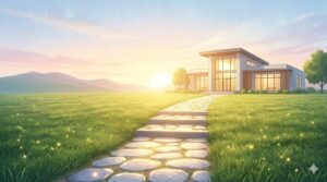 朝日に照らされた建物へと続く、4つのステップが刻まれた光る道。成功へのステップを表現した風景。