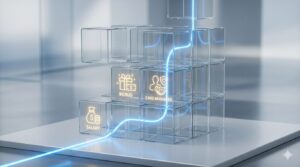 透明なキューブが組み合わさり、月給や賞与、ケアマネ等の各要素が一つにまとまっていく抽象的なイメージ図。