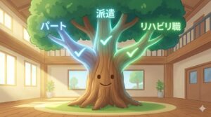 介護施設内にある、3本の光る枝（パート、派遣、リハビリ職）を持つ大きな木の概念図。それぞれの枝にチェックマークが付いている。