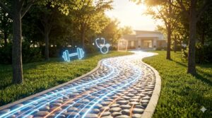 朝日に照らされた整備された道の脇に、光る「訪問リハビリ」「訪問看護」「ケアマネ」の柱。2026年の対象拡大を表現した風景。