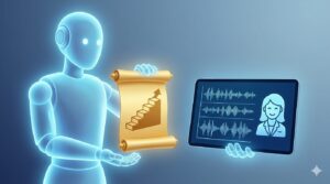 光を放つロボットアシスタントが掲げる「キャリアパス（階段）」の巻物と、「AI音声入力（笑顔のスタッフ）」のタブレット画面。半透明のロボットアシスタントがそれをサポートしているイメージ。