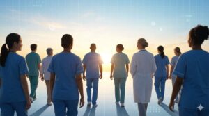 明るい地平線に向かって歩んでいく介護職のチームと、それらを支えるデジタルの光。