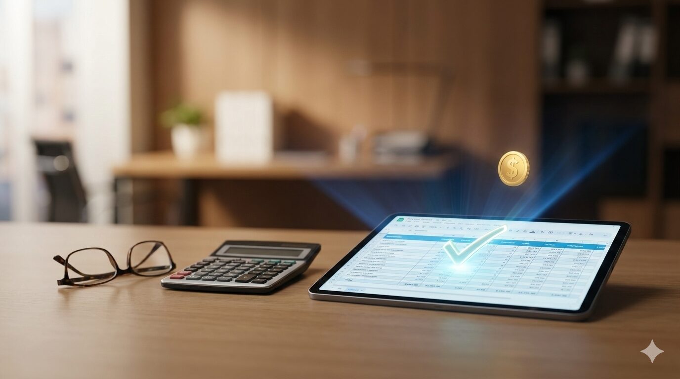 デスクに置かれた計算機と、給与チェック完了を示すタブレット端末。処遇改善加算の適正な配分と透明性のイメージ。