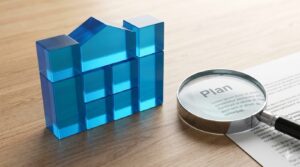 木の机の上で、虫眼鏡を使って「計画」と書かれた書類を確認する様子と、整然と並ぶ青いブロック。証拠確認と制度理解のイメージ。