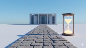 公共の建物へと続く石畳の道と、時の経過を示す砂時計。未払い請求の時効と正しい相談手順のイメージ。