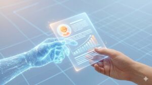 AI（デジタルの手）が人間にわかりやすい図解資料を渡している様子。AIによる事務効率化と説明責任の果たし方。