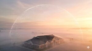 朝霧が晴れ、朝日を浴びてはっきりと姿を現す建物。不透明な不安が解消され、信頼が生まれる未来。