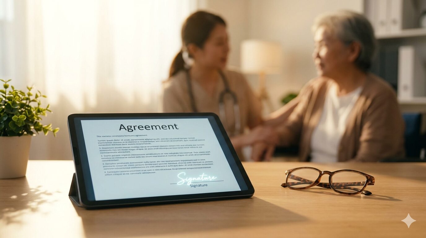 介護施設のデスクに置かれた、署名欄が光るタブレット端末と老眼鏡。ご利用者への説明と同意を象徴するイメージ。