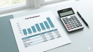 整理されたデスクに置かれた、費用の内訳を示すグラフと表が書かれた書類。透明性のある計算例の提示。