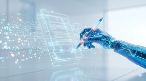 宙に浮くデジタル書類に、光るデジタルペンで署名を行う様子と、それをサポートするAIの粒子。電子署名と効率化のイメージ。