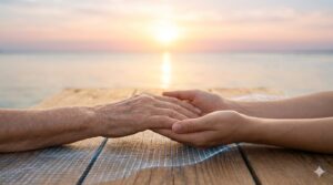 朝日を背景に、テーブルの上で重なり合う高齢者の手と若いスタッフの手。誠実な説明の末に生まれる信頼と支え合い。