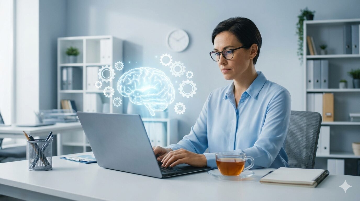 デジタルアシスタントのアイコンが浮かぶノートパソコンで、効率的にケアプランを作成するケアマネジャーのイメージ。