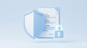 個人情報をマスキングした書類を保護するデジタルシールドと南京錠のアイコン。