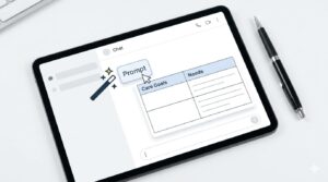 タブレット上のAIチャット画面に、魔法の杖によってケアプランのニーズと目標が自動的に生成されていくイメージ。