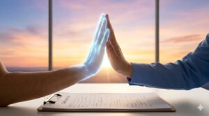 完成したケアプランの上で、スタッフの手とデジタルの光が重なり合う、未来のケアマネジメントのイメージ。