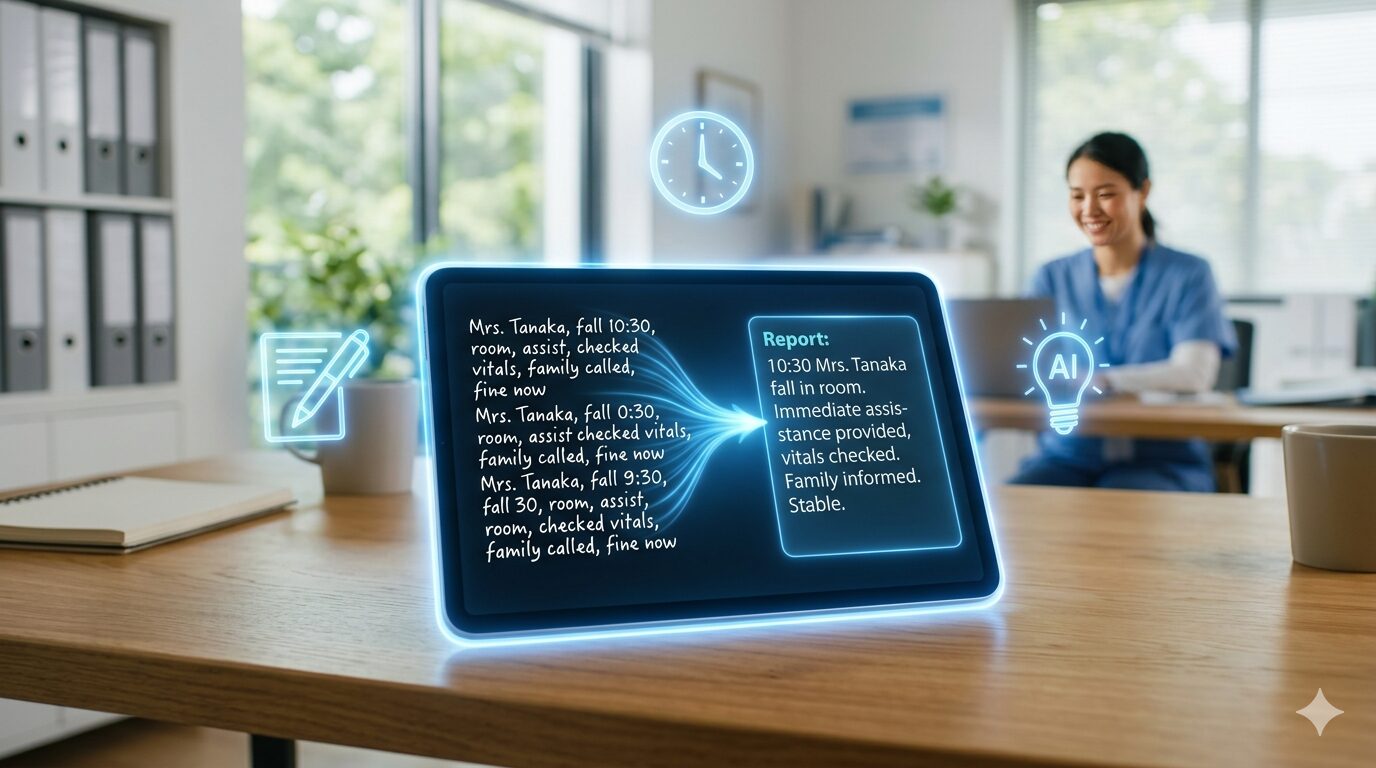 乱雑なメモがデジタルの光によって綺麗な報告書へ変換されていく、AI要約のイメージ図。