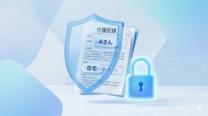 個人情報を保護する青い盾と、名前が「A様」などに置き換えられた匿名化書類のイメージ図。