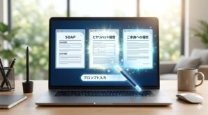 プロンプトによって「SOAP」「事故報告書」「ご家族向け報告」が同時に生成されていくパソコン画面のイメージ。