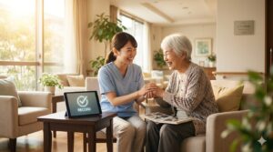 書類作成が完了したタブレットを傍らに、笑顔で語らう介護スタッフとご利用者のイメージ。