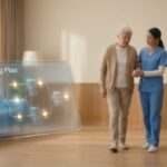 介護スタッフが利用者の歩行を介助する様子と、傍らに浮かぶデジタルの機能訓練計画書のイメージ。