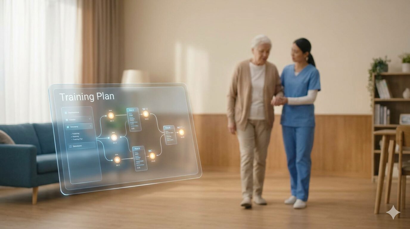 介護スタッフが利用者の歩行を介助する様子と、傍らに浮かぶデジタルの機能訓練計画書のイメージ。