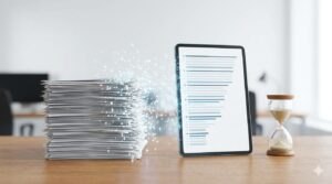 積み上がった紙の書類がデジタルの光に変わり、整理されたタブレットへと集約されていく概念図。