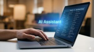 AIと対話しながら計画書を練り上げるケアマネジャーの手元と、画面に映るツール比較のイメージ。