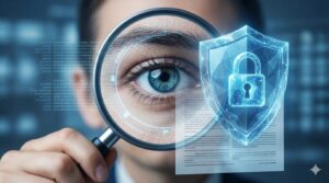 デジタルの盾に守られた書類を、人間の目が厳格に最終チェックしているリスク管理のイメージ。