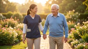 朝日の差し込む庭を、笑顔で共に歩むスタッフと利用者。テクノロジーが背景に退き、対人ケアが中心となった未来。