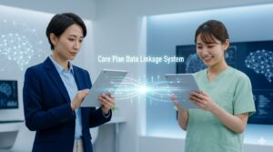 タブレット間でデータがシームレスにやり取りされる様子と、背景に流れるAIアシストのイメージ。