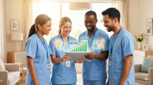 上昇するグラフが表示されたタブレットを囲み、笑顔で話す介護スタッフたち。