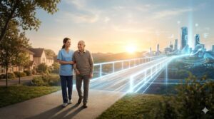 デジタルの橋を渡り、明るい未来へ向かって歩む介護スタッフと高齢者の後ろ姿。