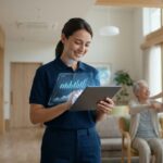 科学的介護(LIFE)のデータとAIアシストを活用して、笑顔でケアにあたる介護職員のイメージ。