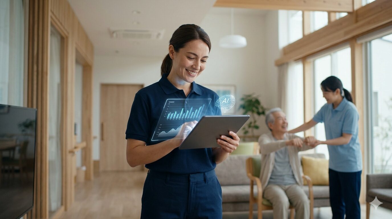 科学的介護(LIFE)のデータとAIアシストを活用して、笑顔でケアにあたる介護職員のイメージ。