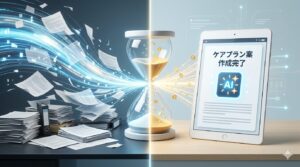 大量の書類がデジタルの光で整理され、AIによって短時間でケアプランの下書きが完成する概念図。