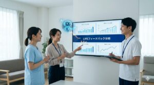 LIFEのフィードバックデータを画面に映し出し、AIのサポートを受けながら多職種でカンファレンスを行う様子。