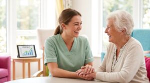 書類業務を終え、穏やかな日差しの中で利用者と楽しく語らう介護スタッフの笑顔。