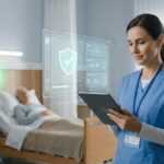 タブレットでAIの通知を確認しながら、落ち着いて見守りを行う介護スタッフのイメージ。