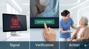 AIの検知(信号)、スタッフの確認(検証)、そして利用者への声かけ(行動)という、人が介在する運用の流れ。