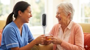 見守りセンサーに支えられ、穏やかな日差しの中で利用者と談笑する介護スタッフの笑顔。