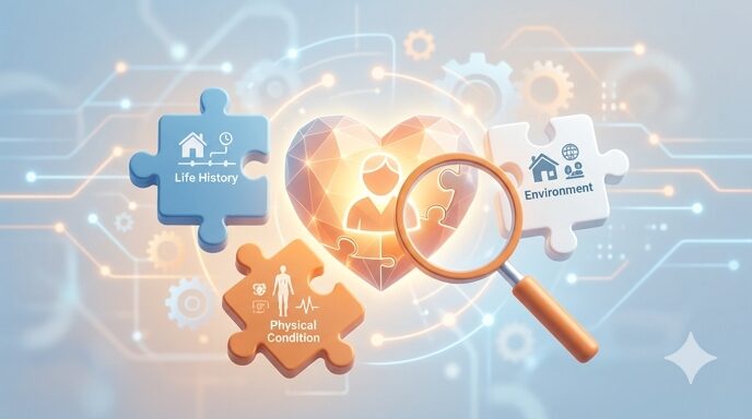 生活歴や環境など、認知症の方を理解するための情報をパズルを解くように整理している概念図。