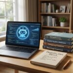 ノートパソコンと介護のテキストが並ぶデスクで、AIがレポート作成をサポートしているイメージ。