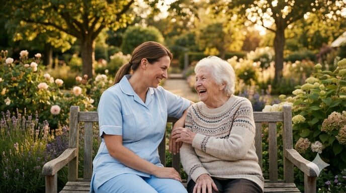 事務作業を効率化したことで生まれた時間で、利用者様と心を通わせる介護職の笑顔。