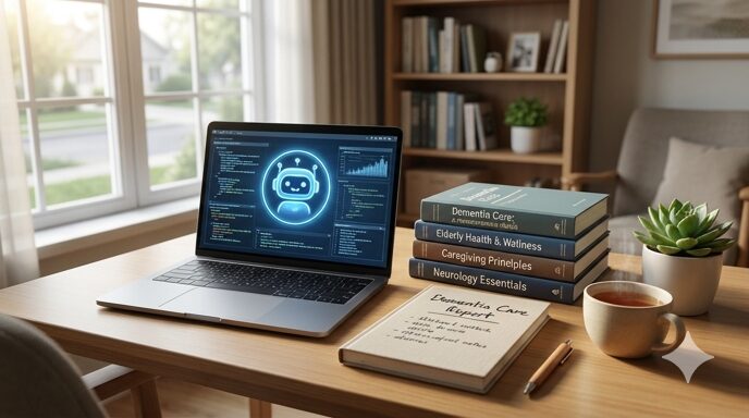 ノートパソコンと介護のテキストが並ぶデスクで、AIがレポート作成をサポートしているイメージ。