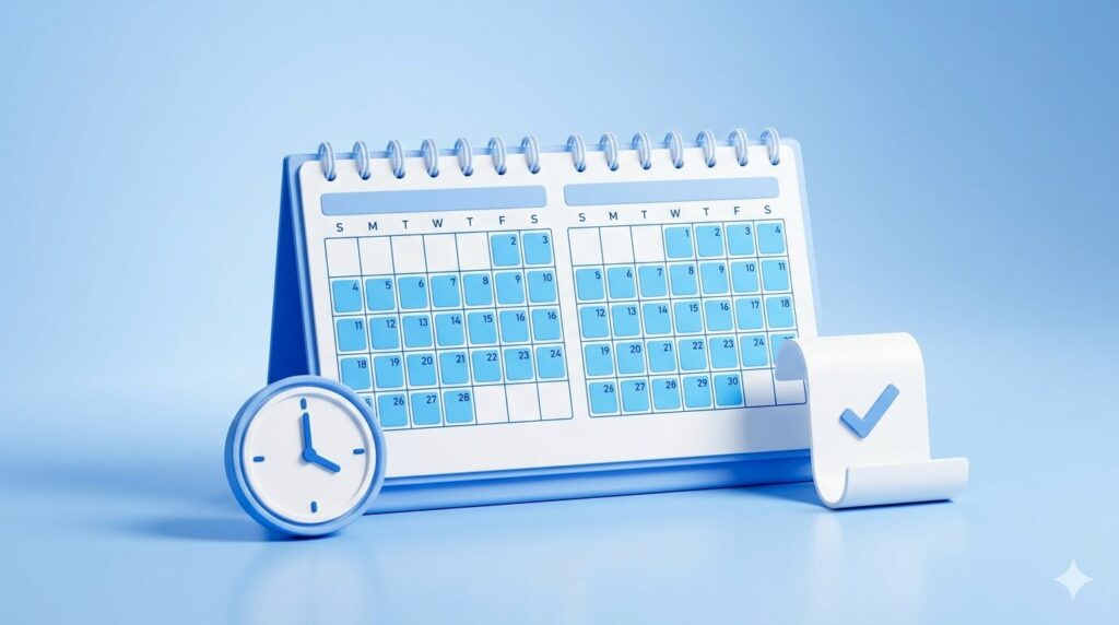 「歴月」で計算する2ヶ月ルールの仕組みをイメージしたカレンダーと時計の図解。