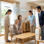 訪問介護の初回訪問で、利用者様と笑顔で接するサービス提供責任者とヘルパーの様子。