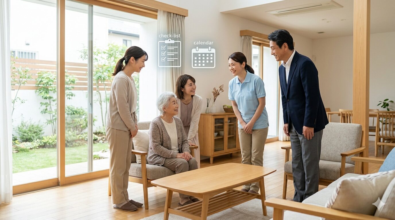 訪問介護の初回訪問で、利用者様と笑顔で接するサービス提供責任者とヘルパーの様子。