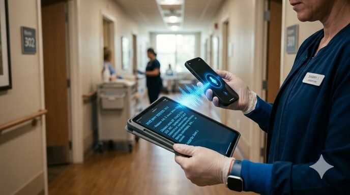 スマートフォンの音声入力を使い、AIが介護記録やレポートの下書きを自動で整理している様子。