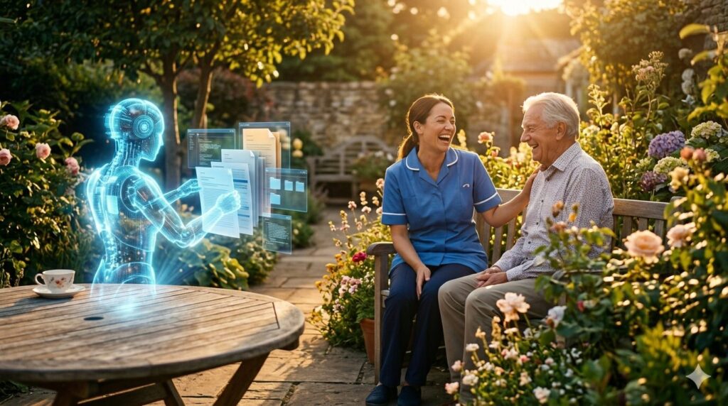 AIに事務作業を任せ、利用者様と穏やかな時間を過ごす介護スタッフの風景。